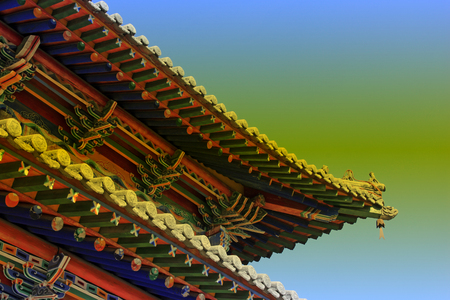 wooden eaves coloured drawing or pattern in a temple, closeup of photoの写真素材