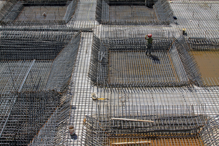 Reinforced concrete casting framework in a construction site, closeup of photoの写真素材