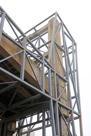 Angle steel frame and buildings, closeup of photo