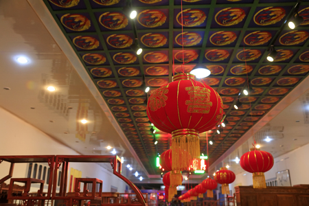 Red lanterns in the ceiling, closeup of photoのeditorial素材