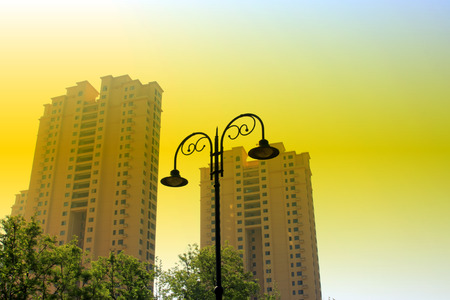 Tall buildings and street lamp, closeup of photoのeditorial素材