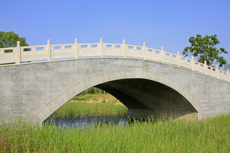 stone arch bridge in a botanical gardens, closeup of photoのeditorial素材
