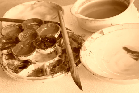 Oil painting brush, closeup of photoの写真素材