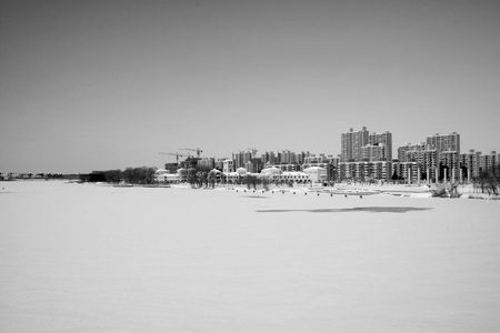 buildings in the snow, closeup of photoの写真素材