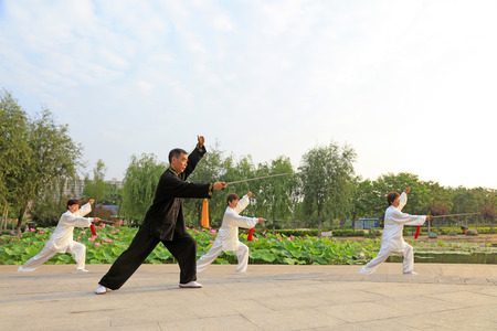 LUANNAN COUNTY - July 16: people practicing taichi on July 16, 2016, Luannan county, Hebei Province, Chinaのeditorial素材