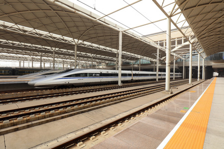 Shijiazhuang - May 5, 2017: CRH train head in railway station, Shijiazhuang City, Hebei Province, china.のeditorial素材