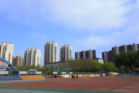 Luannan County - April 18, 2016: student group gymnastics training on the playground, in a middle school, Luannan County, Hebei Province, China

のeditorial素材