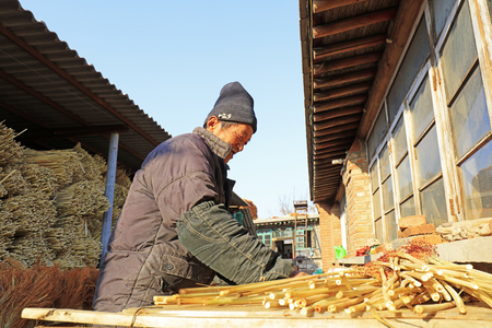 Luannan County - December 21, 2017: worker processing whisk broom in a hand workshop, Luannan County, Hebei Province, China. This is the most important traditional handicraft industry in the local area.

のeditorial素材