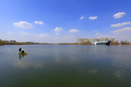 Fishing boats catch nets in lakes, Chinaのeditorial素材