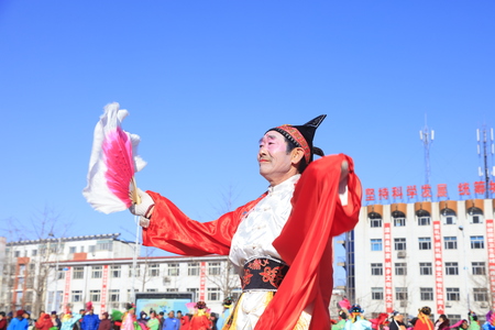 Luannan County - February 9, 2017: Chinese folk dance Yangko performance on the street, Luannan County, Hebei Province, Chinaのeditorial素材