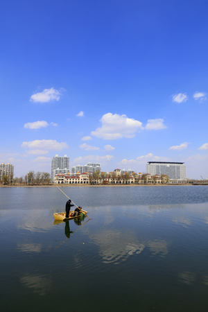 Fishing boats and  fishnets in lakes, Chinaのeditorial素材