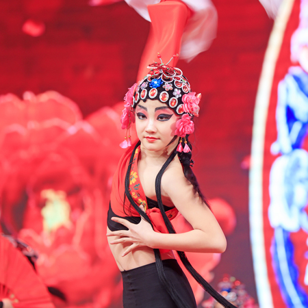 Luannan county - Feb. 9, 2018: Latin dance performance of pingju opera on the stage, luannan county, hebei province, China.のeditorial素材