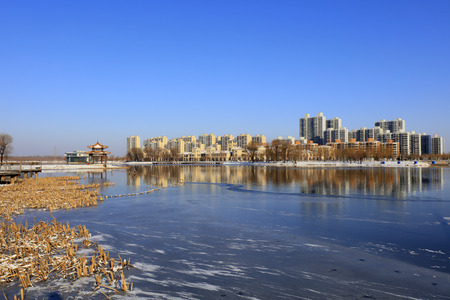 City park snow scene, tangshan, China.のeditorial素材