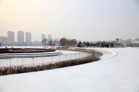 Urban buildings in the snow, Chinaのeditorial素材