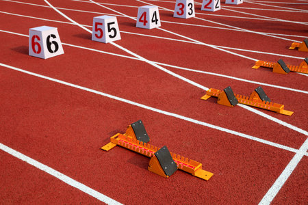starting blocks on the plastic runwayの写真素材
