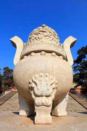Yi County, China-November 4, 2017: Architectural landscape of stone carving censer in imperial mausoleum of Qing Dynasty, Yi County, Hebei Province, Chinaのeditorial素材