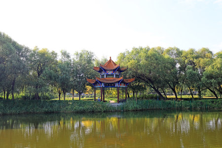 Luannan County, China-August 31, 2019: Chinese Traditional Pavilion Architectural Landscape in the Park, Luannan County, Hebei Province, Chinaのeditorial素材