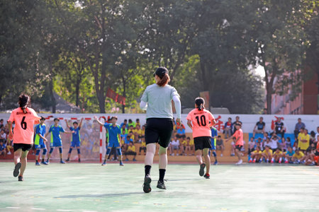 Luannan County, China-August 24, 2019: Junior Handball Matches in the Gymnasium, Luannan County, Hebei Province, Chinaのeditorial素材