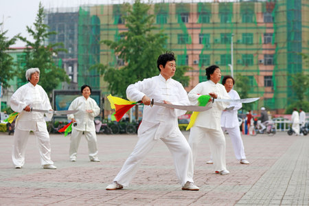 Luannan County-May 19, 2019: Chinese Knife Show in Square, Luannan County, Hebei Province, Chinaのeditorial素材