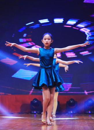 Luannan County-January 29, 2019: Children's Dance Performance on the Stage, Luannan County, Hebei Province, Chinaのeditorial素材