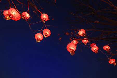 Red lanterns in the blue sky background
