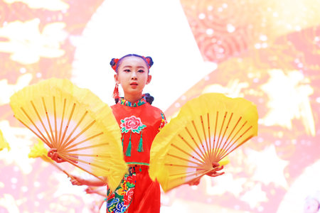 Luannan County-January 27, 2019: children dance performance on the Stage, Luannan County, Hebei Province, Chinaのeditorial素材