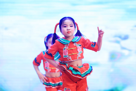 Luannan County-January 29, 2019: Children's Dance Performance on the Stage, Luannan County, Hebei Province, Chinaのeditorial素材