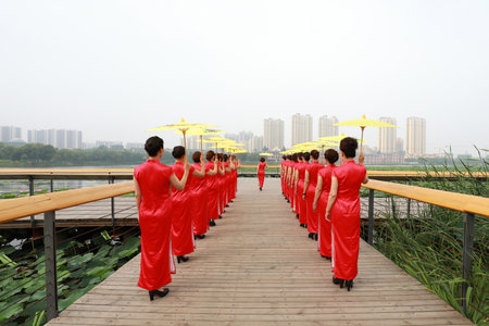 Chinese Cheongsam Walking Show in the Park, Luannan County, Hebei Province, Chinaのeditorial素材