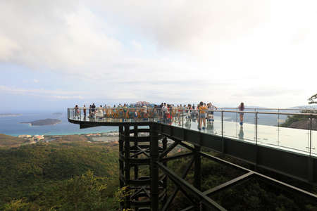 Sanya City, China-April 1, 2019: Sea view glass trestle building scenery, Sanya City, Hainan...