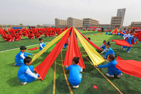 LUANNAN COUNTY, China-April 8, 2019: Group gymnastics performance at the opening ceremony of the...