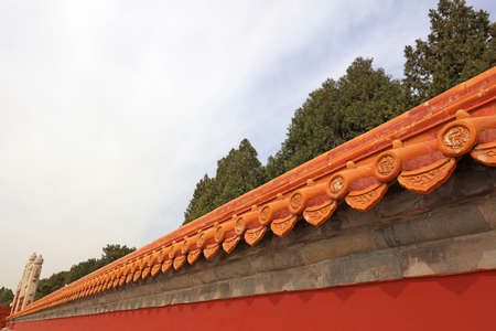 Yellow tile and red wall architectural landscape in Ditan Park, Beijing, China, 2007のeditorial素材