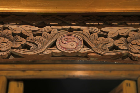 Chinese traditional woodcarving crafts in a park, North China