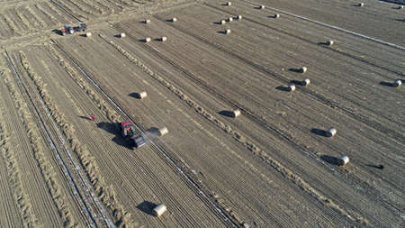 Farmers use agricultural machinery to compress rice straw and bundle them on a farm in North China