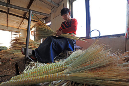 LUANNAN COUNTY, China-December 11, 2020: workers make big broomsticks in a workshop, LUANNAN COUNTY, Hebei Province, Chinaのeditorial素材