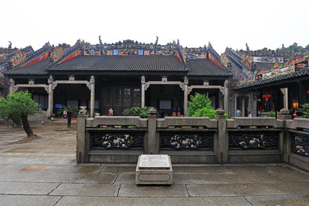 Ancient ancestral hall courtyard with Chinese architectural style, Guangzhou City, Guangdong Province, Chinaのeditorial素材