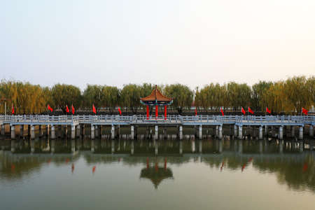 Artificial lake architecture landscape in the park, North Chinaの写真素材