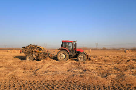 LUANNAN COUNTY, China-December 24, 2020: farmers use agricultural machinery to compress rice straw and bundle them on a farm, LUANNAN COUNTY, Hebei Province, Chinaのeditorial素材