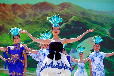 Tangshan City, China-October 7, 2018: Women's cheongsam show in the park, Tangshan City, Hebei Province, Chinaのeditorial素材
