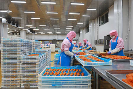 LUANNAN COUNTY, Hebei Province, China-July 28, 2020: Workers are busy in the chicken segmentation workshop in a food processing plantのeditorial素材