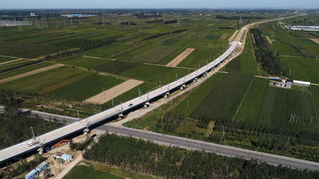 Electrified railway construction site, North Chinaの写真素材