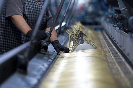 The workers are working on a mechanical fishing net in a net factoryの写真素材