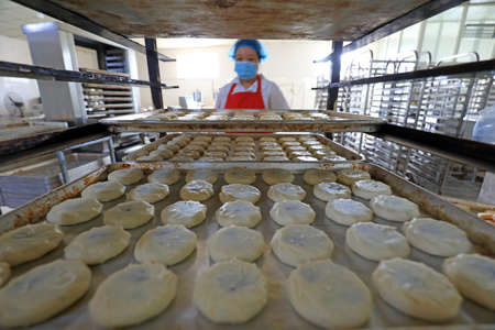 LUANNAN COUNTY, Hebei Province, China-September 27, 2020: Workers on the moon cake production line...