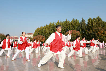 LUANNAN COUNTY, Hebei Province, China-October 18, 2020: People are practicing Taijiquan in the squareのeditorial素材