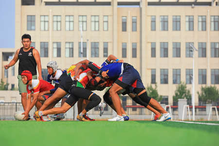 LUANNAN COUNTY, Hebei Province, China-August 23, 2020: rugby players train on the playgroundのeditorial素材