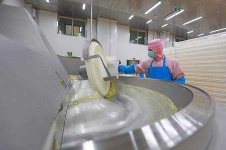 LUANNAN COUNTY, Hebei Province, China-July 27, 2020: The workers are operating the chopper in a food processing plantのeditorial素材