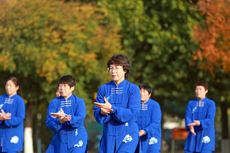 LUANNAN COUNTY, Hebei Province, China-October 18, 2020: People are practicing Taijiquan in the squareのeditorial素材