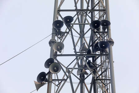 Loudspeakers on power towers, rural North Chinaの写真素材