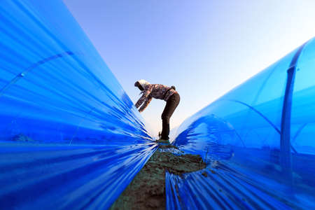 LUANNAN COUNTY, Hebei Province, China-April 2, 2020: Farmers cover ginger with purple plastic film in fieldsのeditorial素材