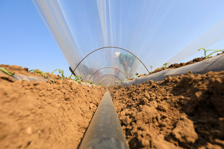 LUANNAN COUNTY, Hebei Province, China-April 2, 2020: Farmers cover sweet potato seedlings with plastic film to keep them warm and moist and promote plant growth.のeditorial素材