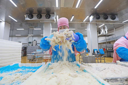 LUANNAN COUNTY, Hebei Province, China-July 28, 2020: Workers are busy in the chicken segmentation workshop in a food processing plantのeditorial素材
